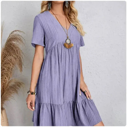Women Summer Peplum Dresses Spring V-Neck Short Sleeve Loose Waist Ruffle Fit Flare Vocation Dresses - Jungle Line