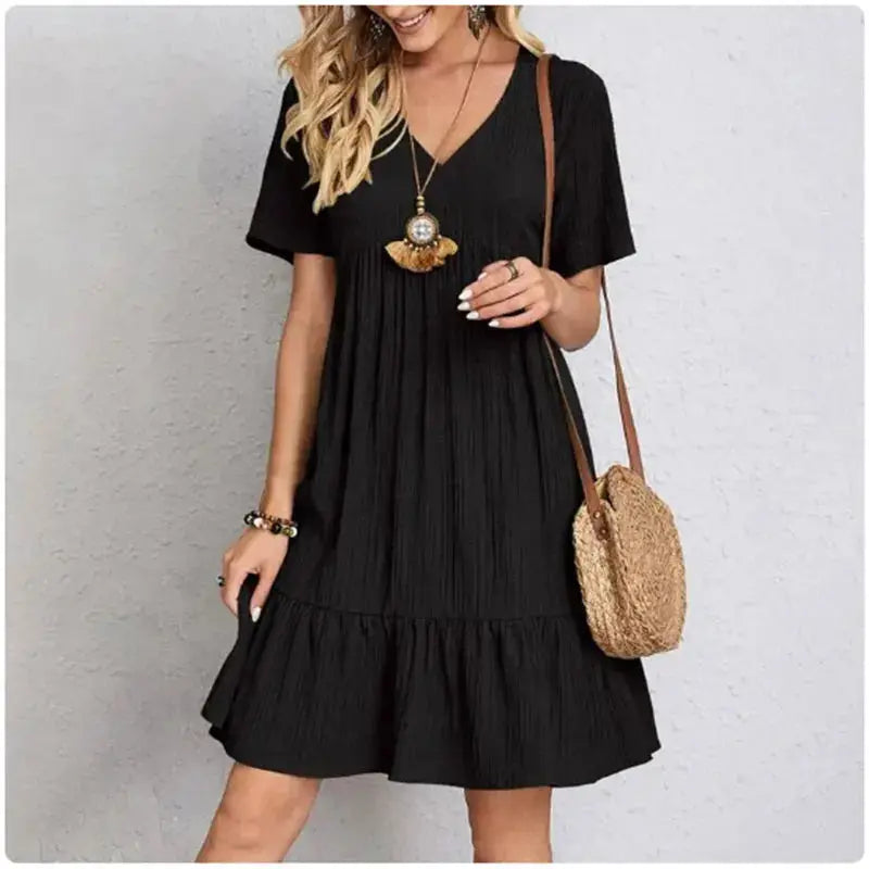 Women Summer Peplum Dresses Spring V-Neck Short Sleeve Loose Waist Ruffle Fit Flare Vocation Dresses - Jungle Line