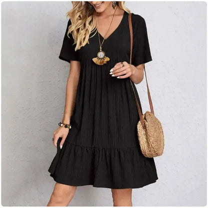 Women Summer Peplum Dresses Spring V-Neck Short Sleeve Loose Waist Ruffle Fit Flare Vocation Dresses - Jungle Line