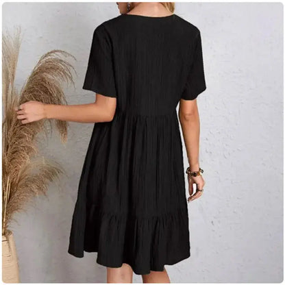 Women Summer Peplum Dresses Spring V-Neck Short Sleeve Loose Waist Ruffle Fit Flare Vocation Dresses - Jungle Line
