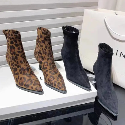 Leopard Women Boots Sexy Pointed Toe Shoes High Heels Chelsea Boots 2025 Winter Fashion Pumps Suede Short Boots Mujer Zapatos - Jungle Line