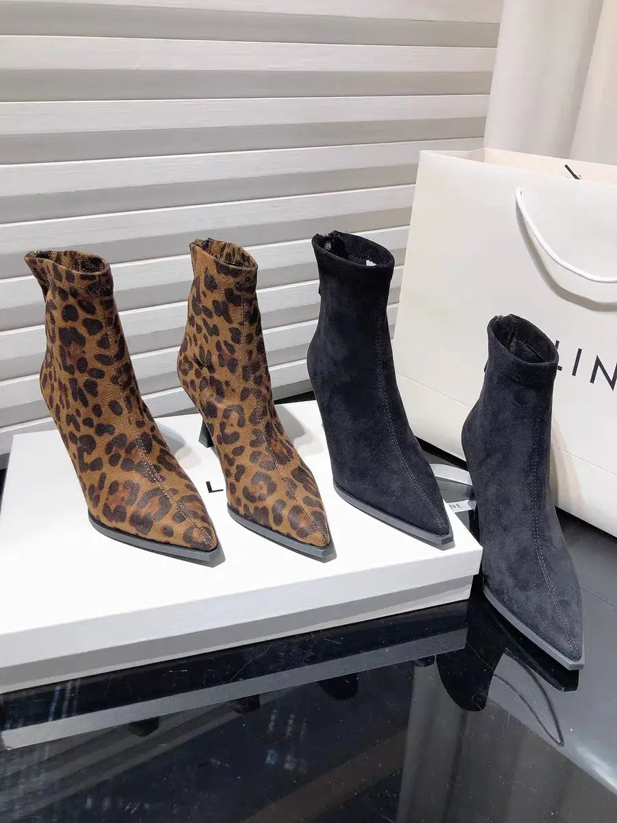 Leopard Women Boots Sexy Pointed Toe Shoes High Heels Chelsea Boots 2025 Winter Fashion Pumps Suede Short Boots Mujer Zapatos - Jungle Line