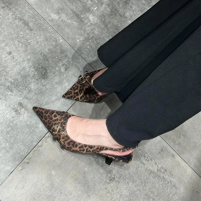 Leopard High Heels Ladies Pointed Toe Slingback Sandals Summer Plus Size Women Comfort Low Heel Office Pumps Elegant Dress Shoes - Jungle Line