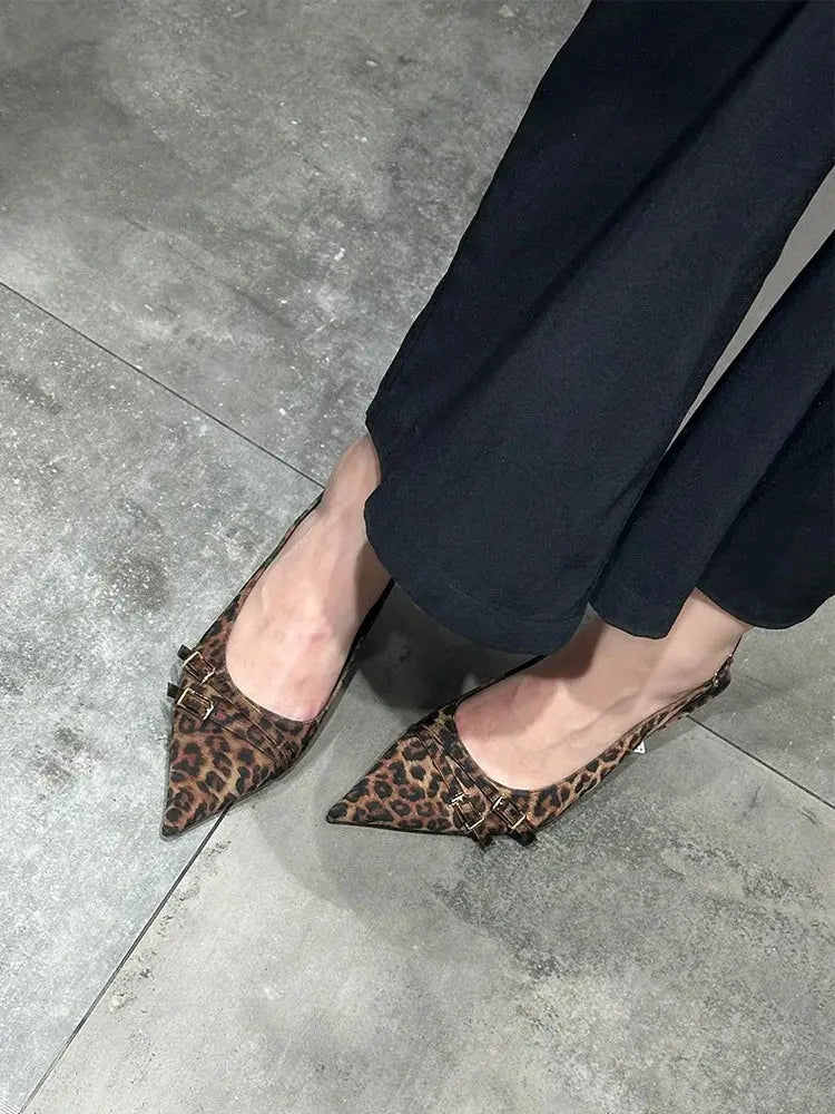 Leopard High Heels Ladies Pointed Toe Slingback Sandals Summer Plus Size Women Comfort Low Heel Office Pumps Elegant Dress Shoes - Jungle Line