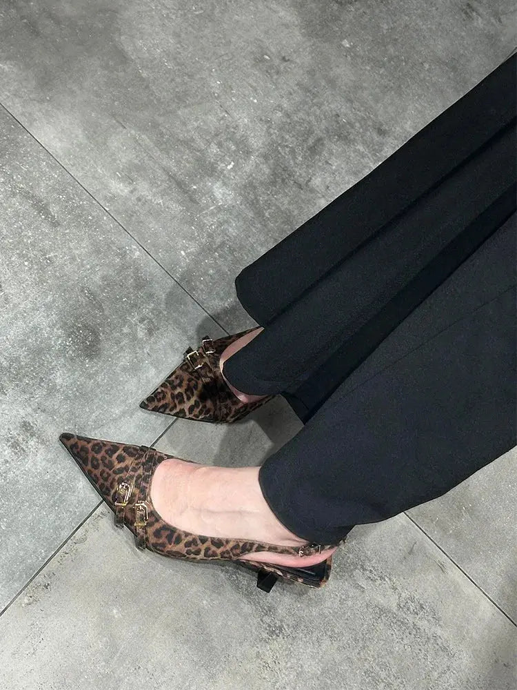 Leopard High Heels Ladies Pointed Toe Slingback Sandals Summer Plus Size Women Comfort Low Heel Office Pumps Elegant Dress Shoes - Jungle Line