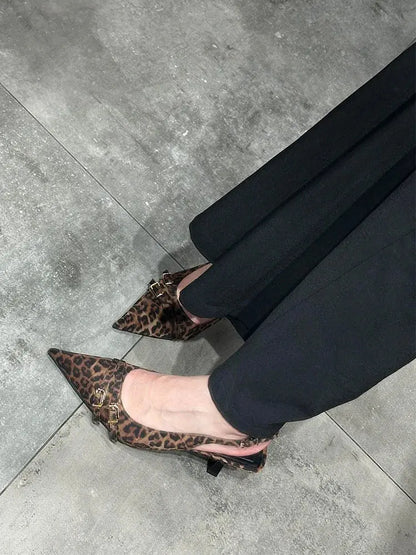 Leopard High Heels Ladies Pointed Toe Slingback Sandals Summer Plus Size Women Comfort Low Heel Office Pumps Elegant Dress Shoes - Jungle Line
