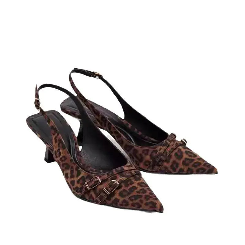 Leopard High Heels Ladies Pointed Toe Slingback Sandals Summer Plus Size Women Comfort Low Heel Office Pumps Elegant Dress Shoes - Jungle Line