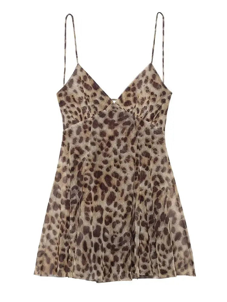 Robe courte femme Jungle Line à imprimé léopard, sans manches, décolleté en V profond, dos nu, idéale pour l'été et la plage.