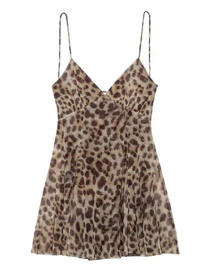 Robe courte femme Jungle Line à imprimé léopard, sans manches, décolleté en V profond, dos nu, idéale pour l'été et la plage.