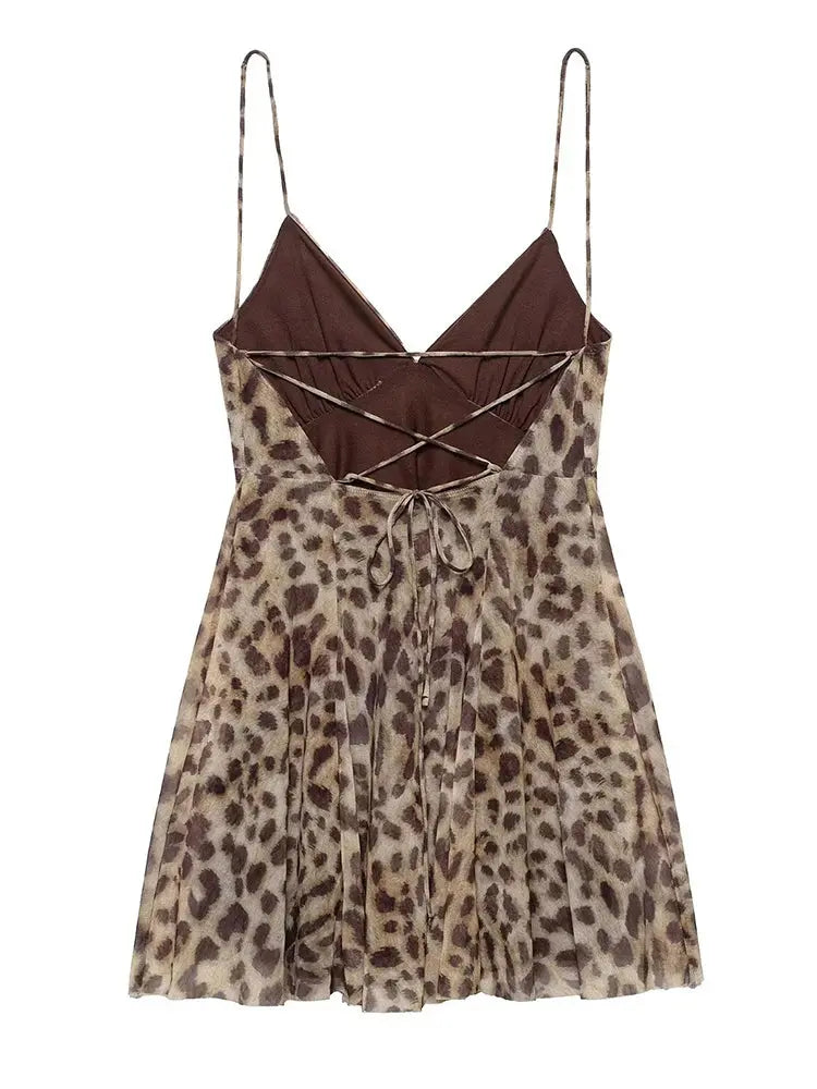 Robe courte femme Jungle Line à imprimé léopard, décolleté en V, dos nu, sans manches, idéale pour l'été et la plage.