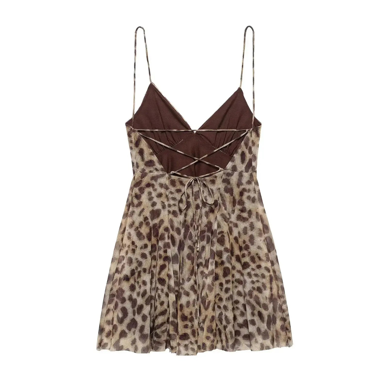 Robe courte femme Jungle Line à imprimé léopard, décolletée en V, dos nu, sans manches, idéale pour l'été et la plage.