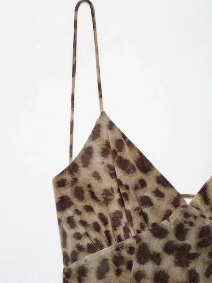 Robe courte femme Jungle Line à imprimé léopard, sans manches, décolleté en V, dos nu, idéale pour l'été et la plage.