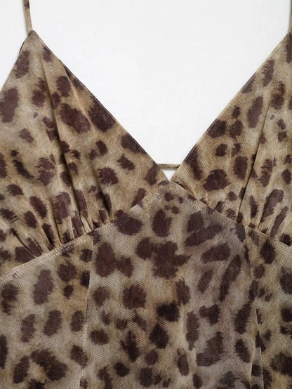 Robe courte femme Jungle Line à imprimé léopard, sans manches, décolleté en V, dos nu, idéale pour l'été à la plage.