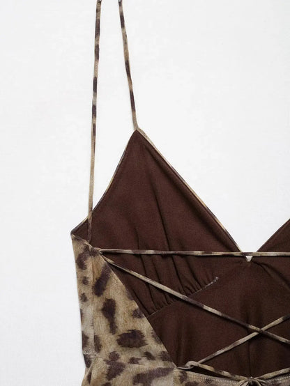 Robe mi-longue pour femme Jungle Line à imprimé léopard, sans manches, décolleté en V, dos nu, idéale pour l'été et la plage.