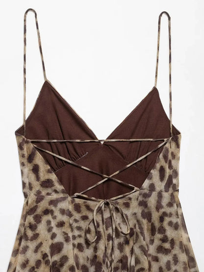 Robe courte femme Jungle Line à imprimé léopard, décolleté en V, sans manches, style été, parfait pour la plage.