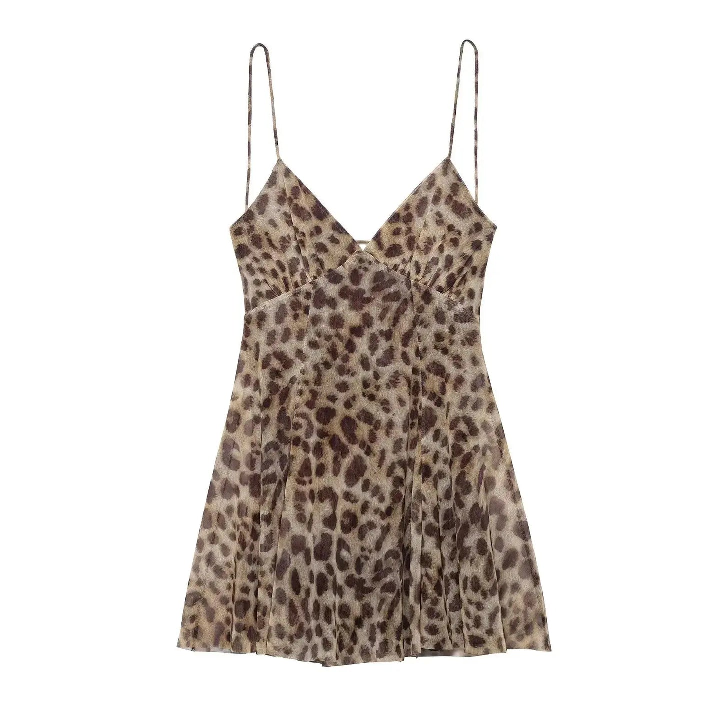 Robe courte pour femmes Jungle Line à motif léopard, décolleté en V, sans manches, style été plage, dos nu, halter, léger et sexy.