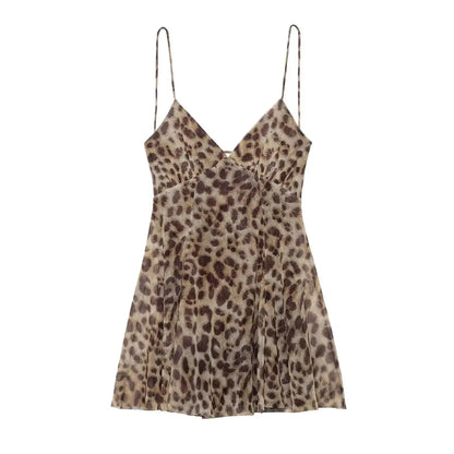 Robe courte pour femmes Jungle Line à motif léopard, décolleté en V, sans manches, style été plage, dos nu, halter, léger et sexy.
