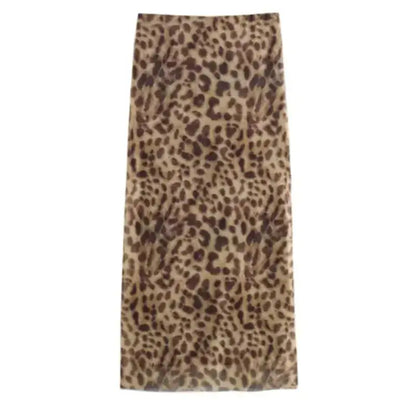 Women Leopard Tulle Midi Skirt 2024 Summer Fashion High Waist Elasticated Waistband Long Skirts Streetwear - Jungle Line
