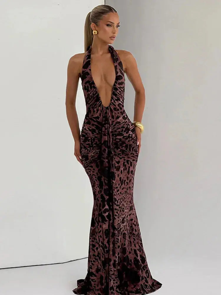 Robe longue femme Jungle Line, robe moulante léopard sans manches, dos nu, décolleté en V profond, élégante et sexy.