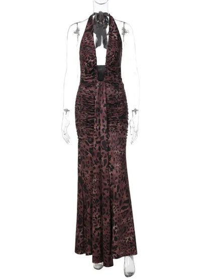 Robe longue sexy sans manches à imprimé léopard, décolleté en V profond et dos nu, robe de soirée élégante Jungle Line pour femmes.