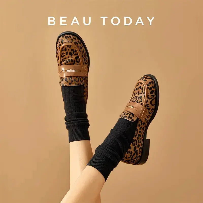 Jungle Line BEAUTODAY women's cowhide penny loafers with round toe, leopard print, stylish and comfortable for everyday wear.