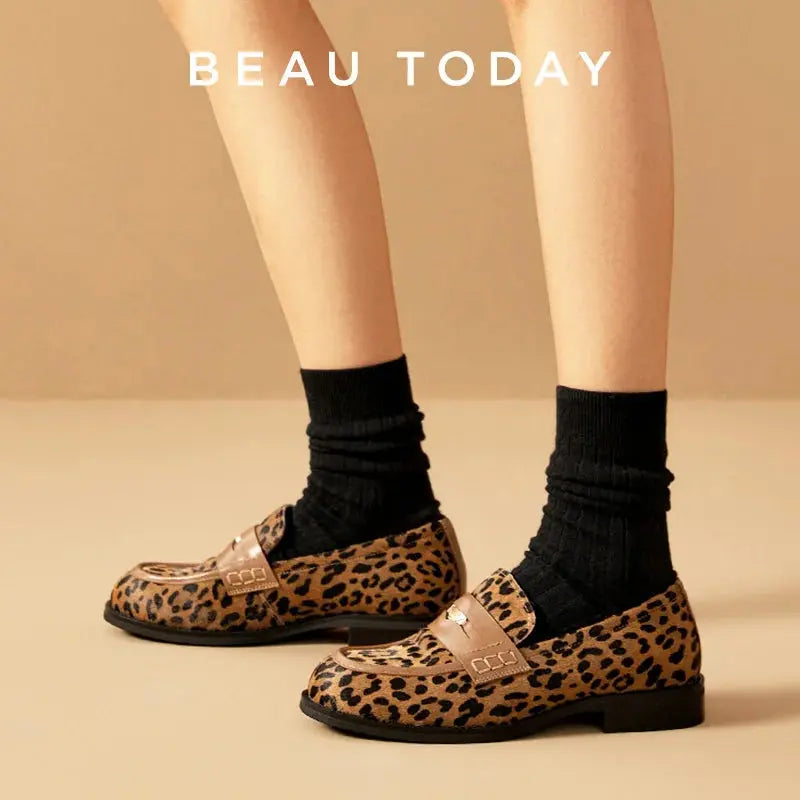 Jungle Line BEAUTODAY Penny Loafers for women, cowhide leather, round toe, leopard print, stylish and comfortable footwear.