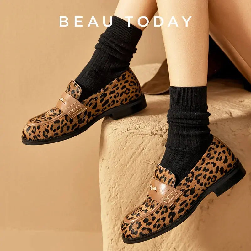 Jungle Line BEAUTODAY Penny Loafers for women with cowhide leather and round toe, featuring a leopard print design.
