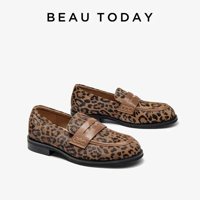 Jungle Line BEAUTODAY women's penny loafers with cowhide leather, round toe, leopard pattern, stylish and comfortable footwear