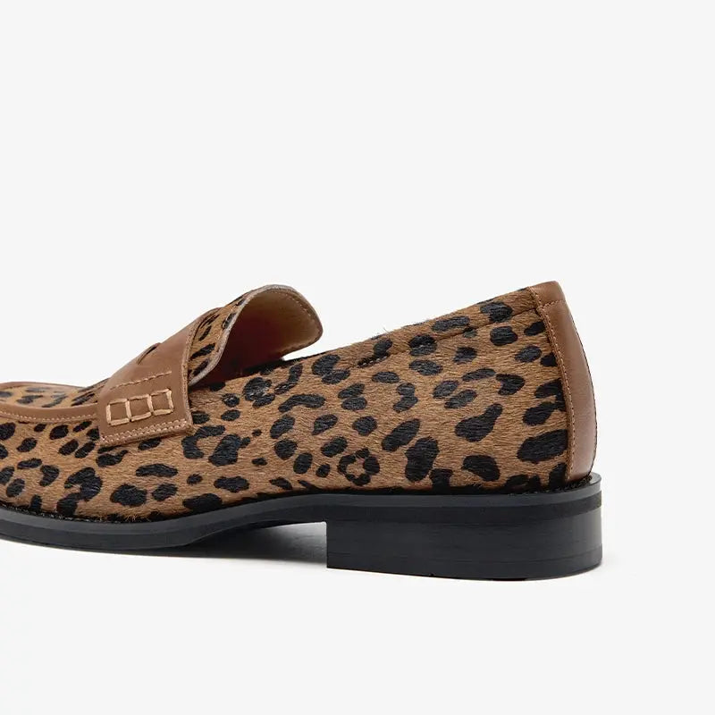 Jungle Line BEAUTODAY women's cowhide Penny Loafers with round toe and leopard print design.
