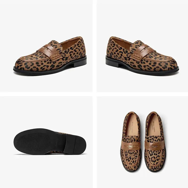 Jungle Line BEAUTODAY Penny Loafers for women with cowhide leather and round toe, featuring a leopard print design.