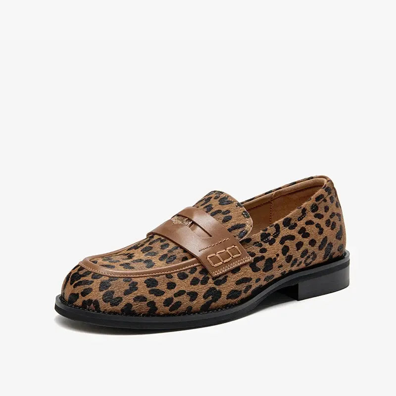 Jungle Line Beautoday Penny Loafers for women with cowhide leather and round toe design, featuring a leopard print pattern.