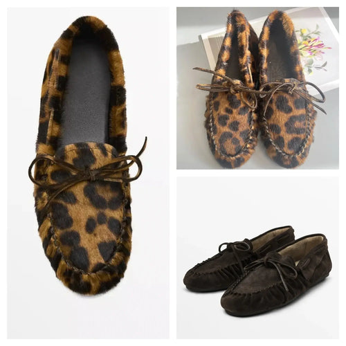 Women's Cowhide Laced Up Loafers Pleated Horse Hair Leopard Print Durable Loafer Stylist Concise Versatile Commuter Single Shoes - Jungle Line