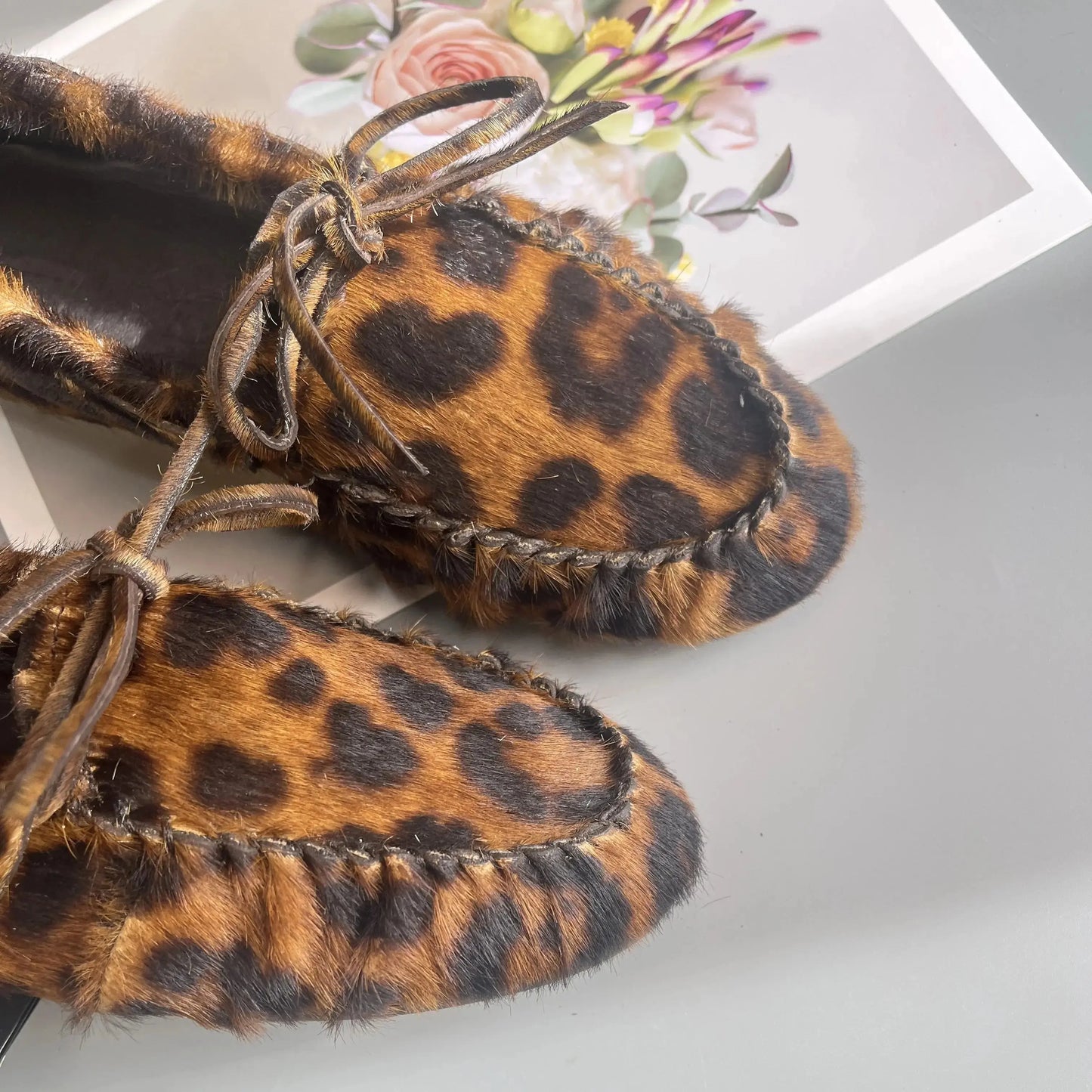 Women's Cowhide Laced Up Loafers Pleated Horse Hair Leopard Print Durable Loafer Stylist Concise Versatile Commuter Single Shoes - Jungle Line