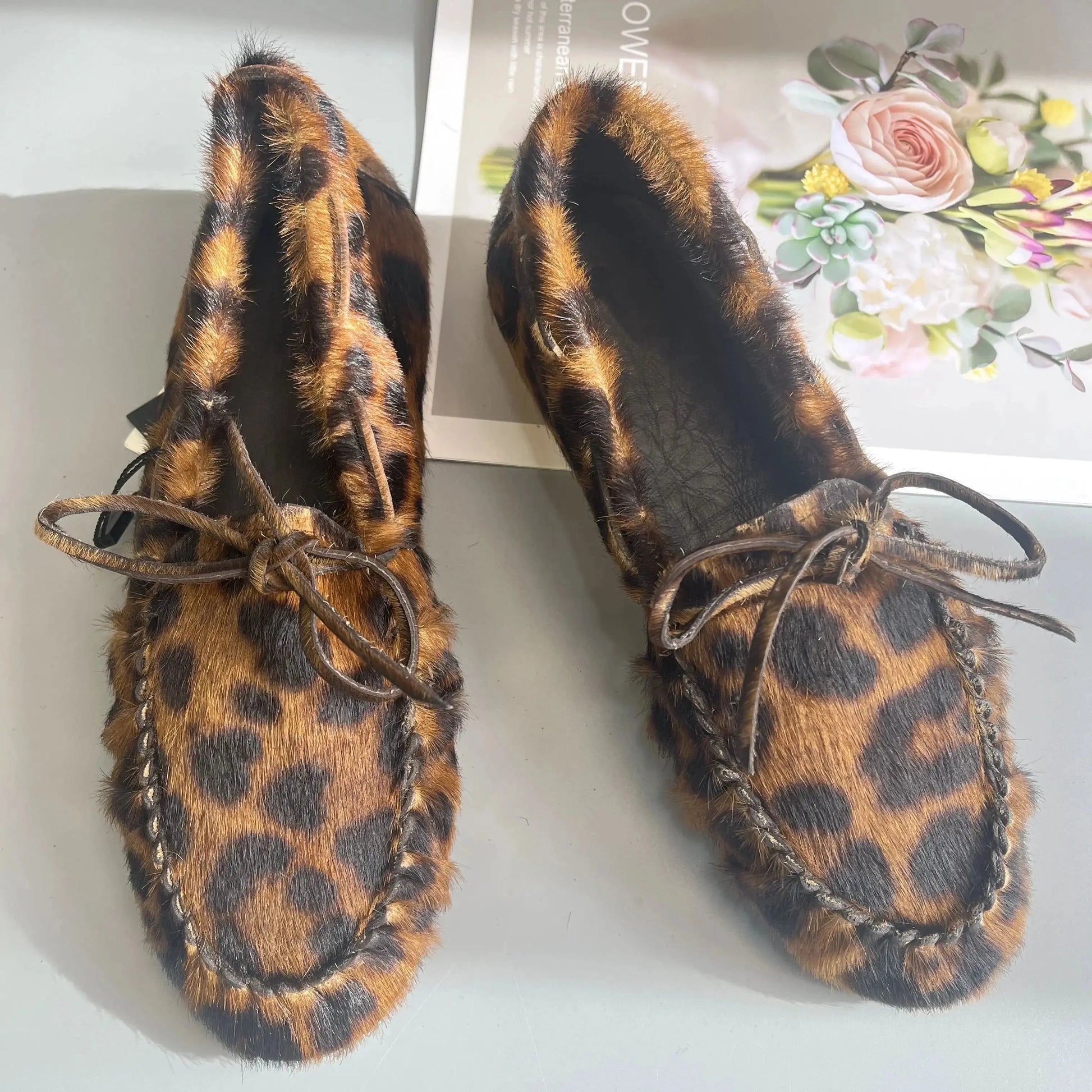 Women's Cowhide Laced Up Loafers Pleated Horse Hair Leopard Print Durable Loafer Stylist Concise Versatile Commuter Single Shoes - Jungle Line