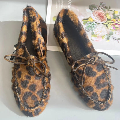 Women's Cowhide Laced Up Loafers Pleated Horse Hair Leopard Print Durable Loafer Stylist Concise Versatile Commuter Single Shoes - Jungle Line