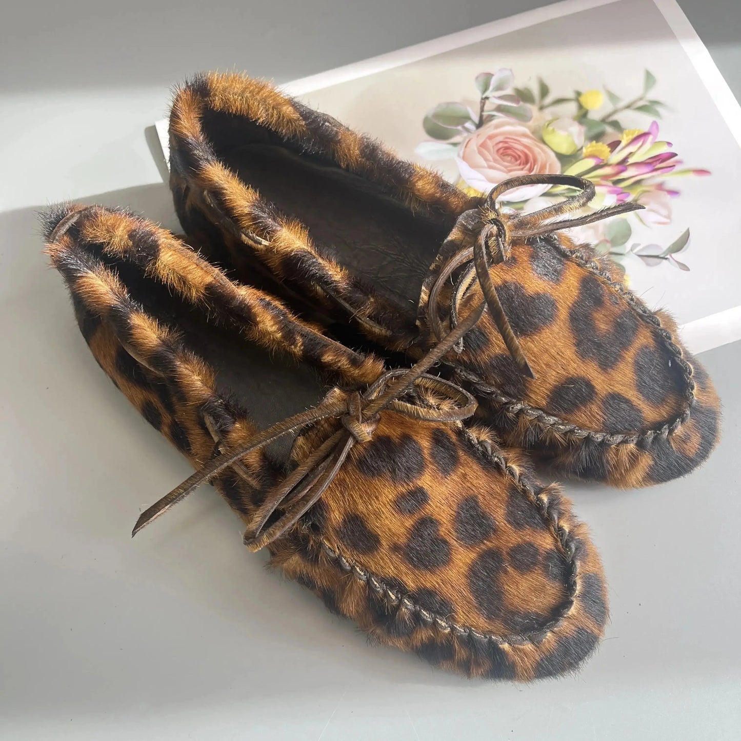 Women's Cowhide Laced Up Loafers Pleated Horse Hair Leopard Print Durable Loafer Stylist Concise Versatile Commuter Single Shoes - Jungle Line