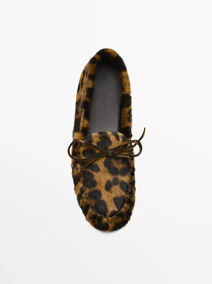 Women's Cowhide Laced Up Loafers Pleated Horse Hair Leopard Print Durable Loafer Stylist Concise Versatile Commuter Single Shoes - Jungle Line