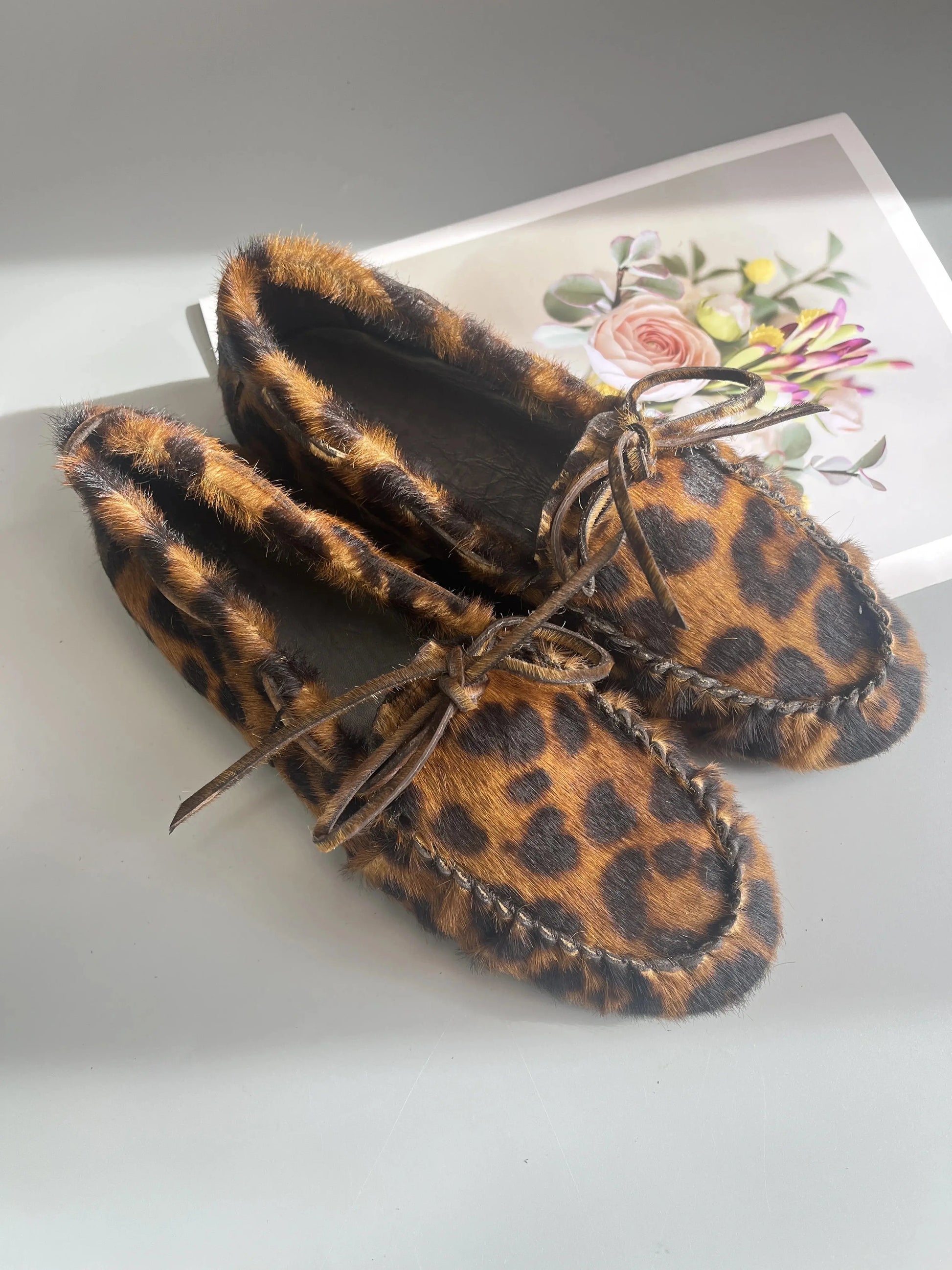 Women's Cowhide Laced Up Loafers Pleated Horse Hair Leopard Print Durable Loafer Stylist Concise Versatile Commuter Single Shoes - Jungle Line