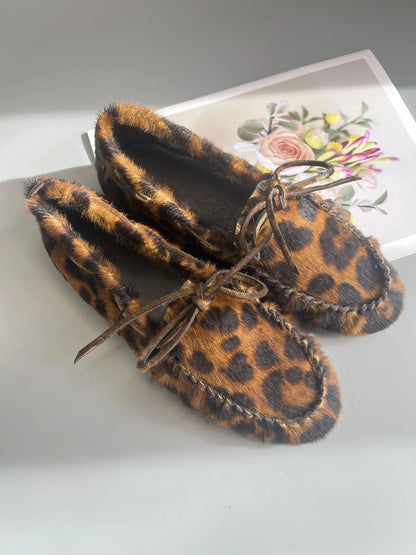 Women's Cowhide Laced Up Loafers Pleated Horse Hair Leopard Print Durable Loafer Stylist Concise Versatile Commuter Single Shoes - Jungle Line