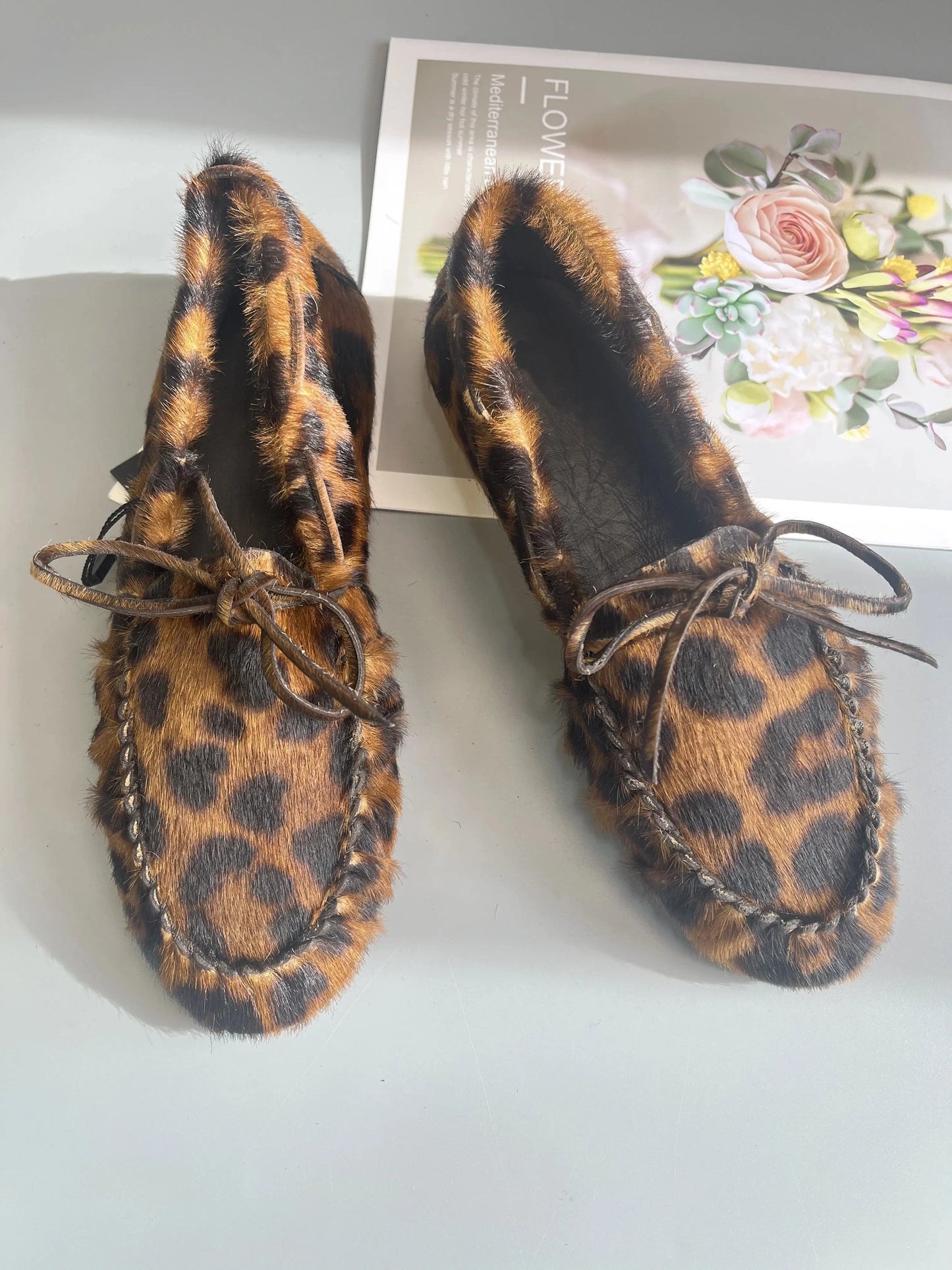 Women's Cowhide Laced Up Loafers Pleated Horse Hair Leopard Print Durable Loafer Stylist Concise Versatile Commuter Single Shoes - Jungle Line