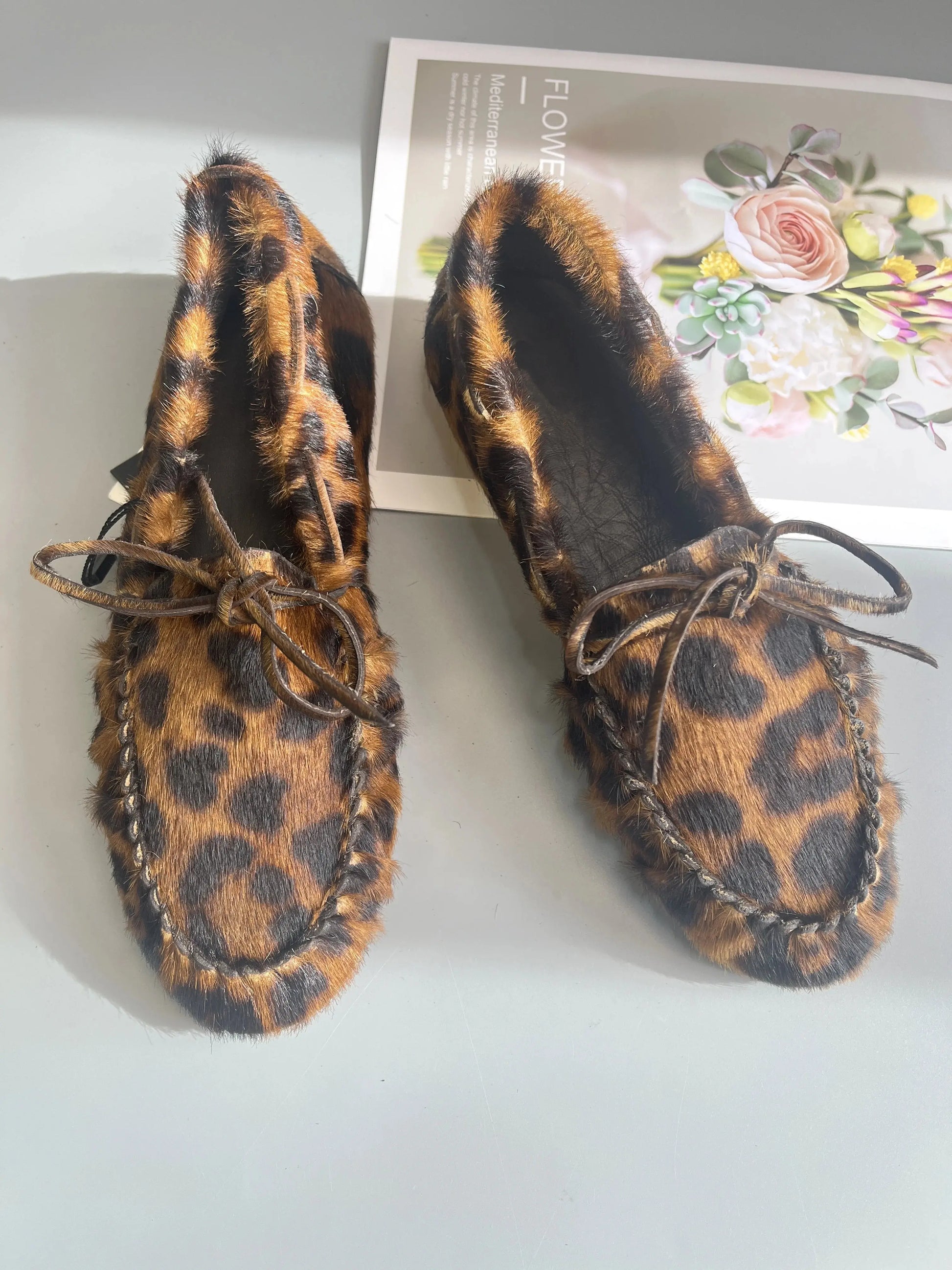 Women's Cowhide Laced Up Loafers Pleated Horse Hair Leopard Print Durable Loafer Stylist Concise Versatile Commuter Single Shoes - Jungle Line