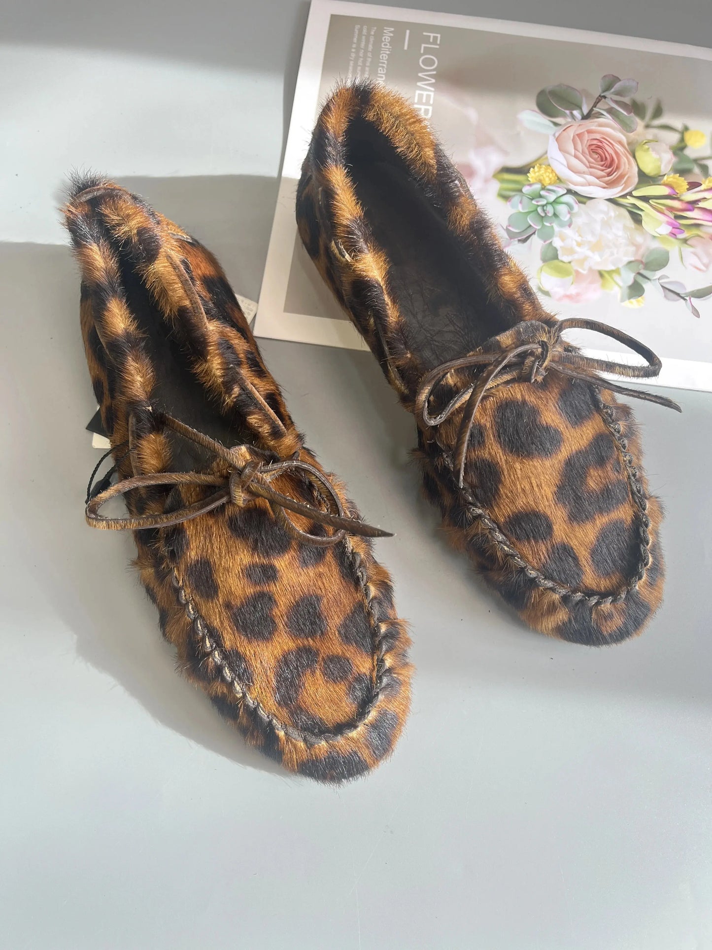 Women's Cowhide Laced Up Loafers Pleated Horse Hair Leopard Print Durable Loafer Stylist Concise Versatile Commuter Single Shoes - Jungle Line