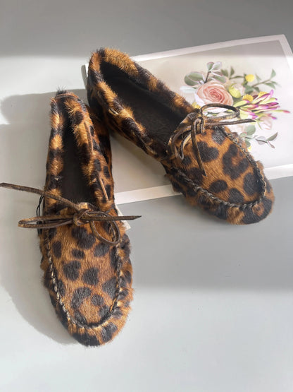 Women's Cowhide Laced Up Loafers Pleated Horse Hair Leopard Print Durable Loafer Stylist Concise Versatile Commuter Single Shoes - Jungle Line
