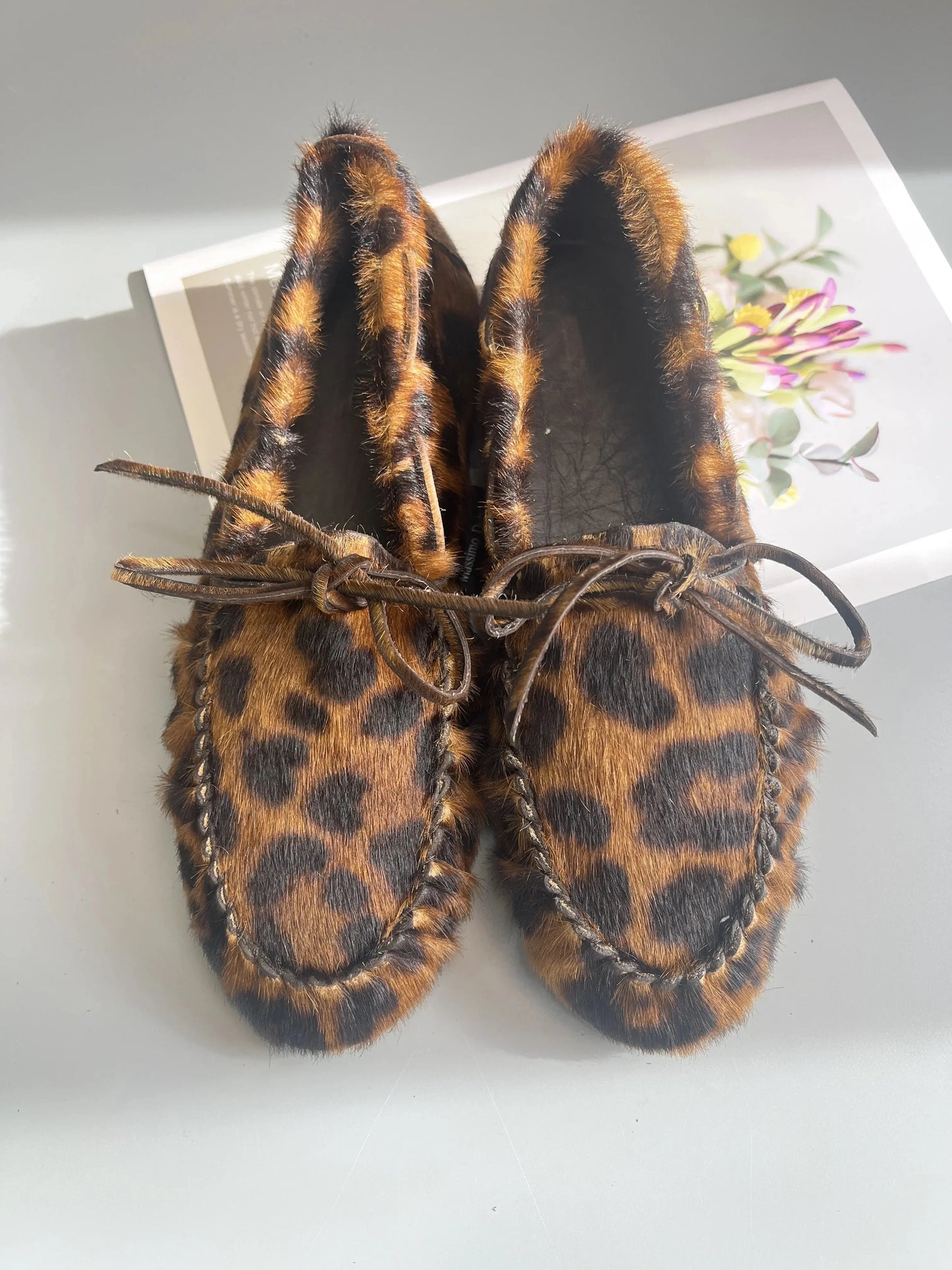 Women's Cowhide Laced Up Loafers Pleated Horse Hair Leopard Print Durable Loafer Stylist Concise Versatile Commuter Single Shoes - Jungle Line