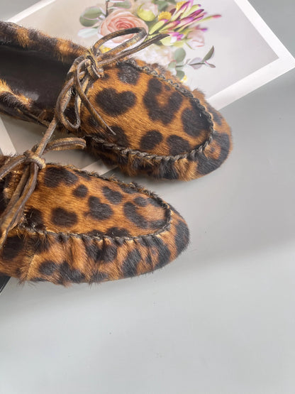 Women's Cowhide Laced Up Loafers Pleated Horse Hair Leopard Print Durable Loafer Stylist Concise Versatile Commuter Single Shoes - Jungle Line