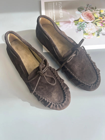 Women's Cowhide Laced Up Loafers Pleated Horse Hair Leopard Print Durable Loafer Stylist Concise Versatile Commuter Single Shoes - Jungle Line