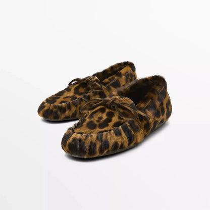 Women's Cowhide Laced Up Loafers Pleated Horse Hair Leopard Print Durable Loafer Stylist Concise Versatile Commuter Single Shoes - Jungle Line
