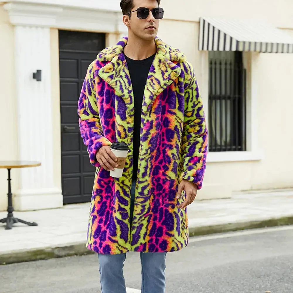 European American New Fashion Men's Colorful Leopard Casual Trendy Loose Long Sleeve Hooded Faux Fur Coats Male Clothes Tops - Jungle Line