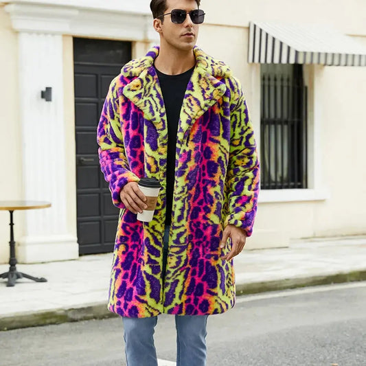 European American New Fashion Men's Colorful Leopard Casual Trendy Loose Long Sleeve Hooded Faux Fur Coats Male Clothes Tops - Jungle Line