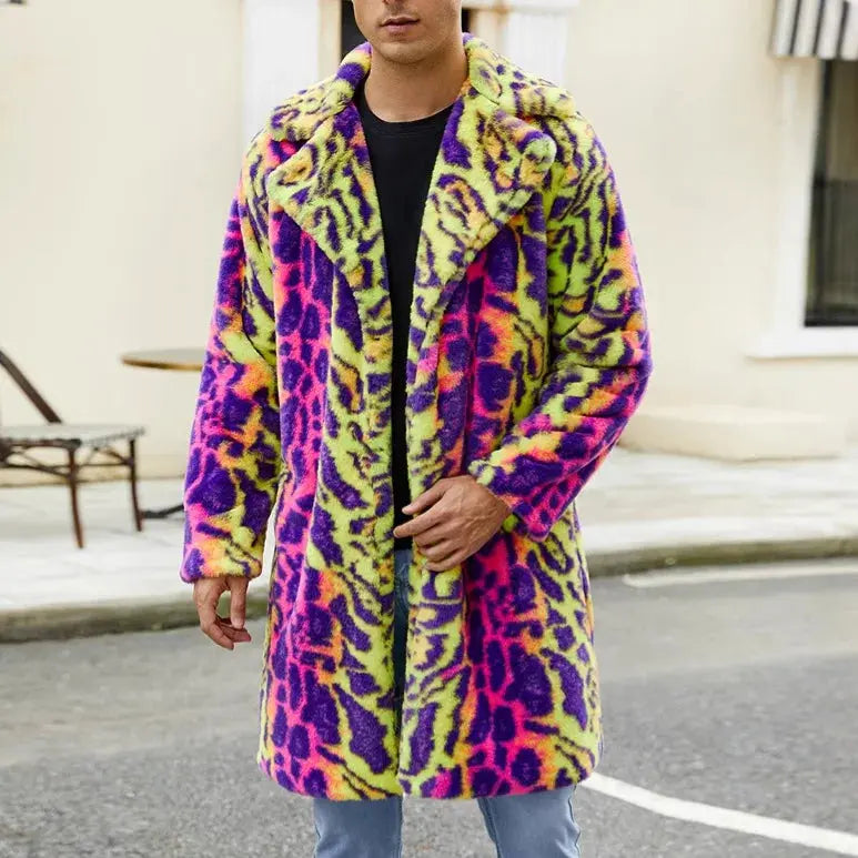European American New Fashion Men's Colorful Leopard Casual Trendy Loose Long Sleeve Hooded Faux Fur Coats Male Clothes Tops - Jungle Line